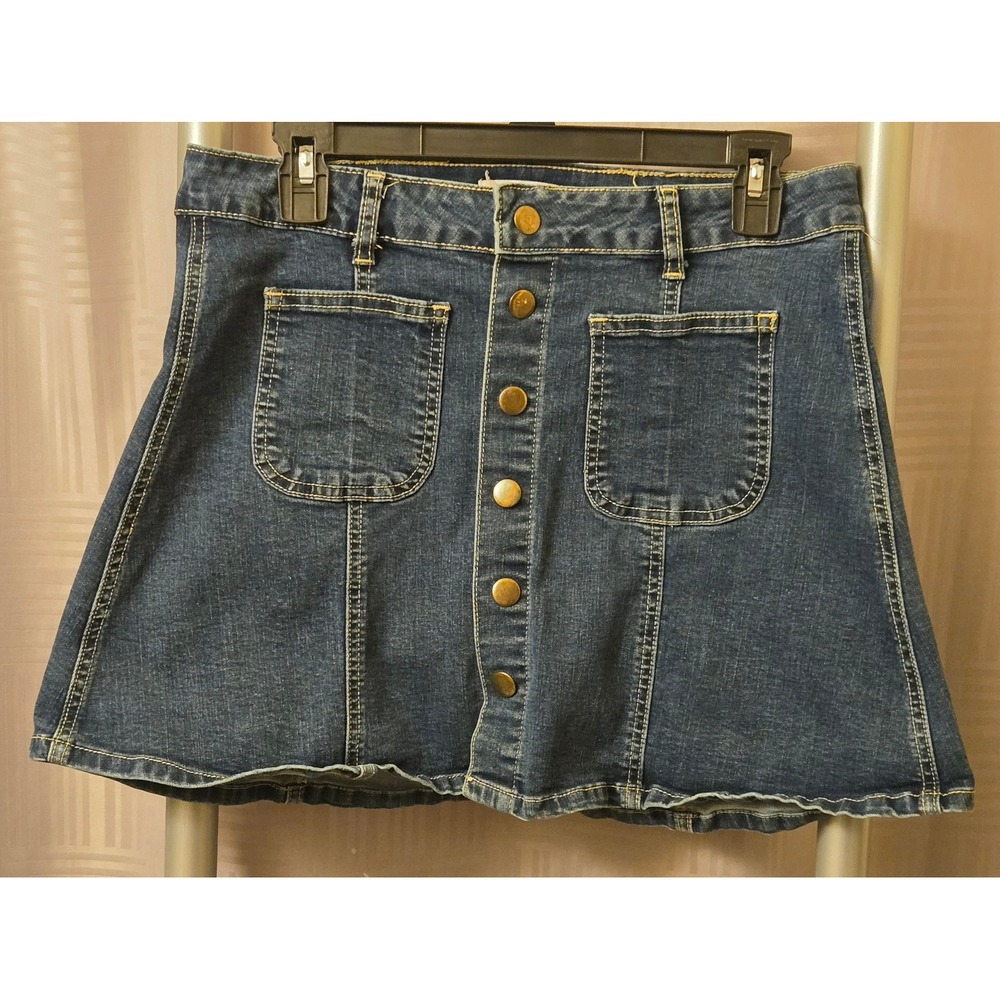 Altar'd State Womens Blue Denim Button Front Mini Skirt Dark Wash Size M